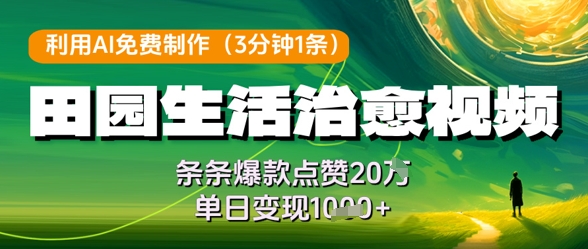利用AI免费制作田园生活治愈视频，条条爆款点赞20W，单日变现几张-极客网创