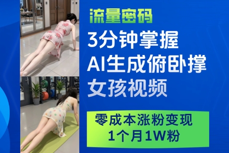 3分钟掌握AI生成俯卧撑女孩视频，零成本涨粉变现，1个月1W粉-极客网创