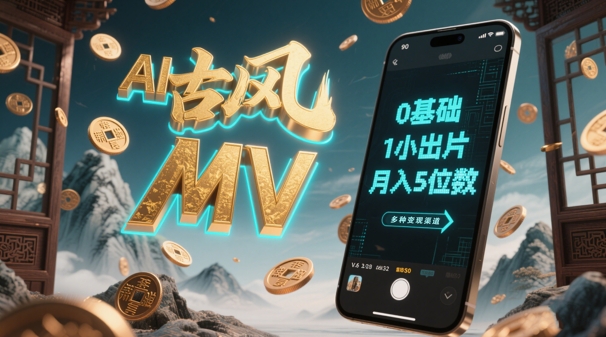 AI一键生成古风音乐MV，0剪辑基础1小时出片，多种变现渠道，一部手机月入5位数-极客网创