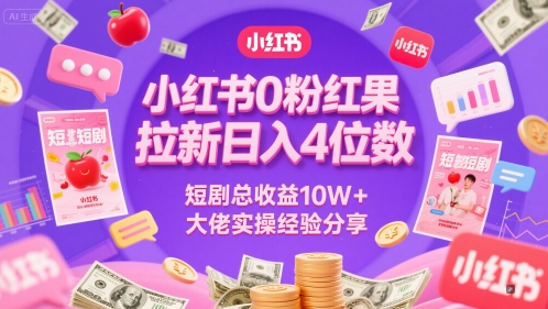 小红书0粉红果短剧拉新日入4位，数短剧总收益10W+大佬实操经验分享-极客网创