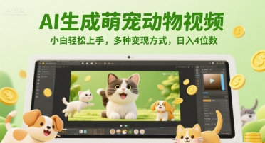 AI生成萌宠动物视频，小白轻松上手，多种变现方式，日入4位数-极客网创