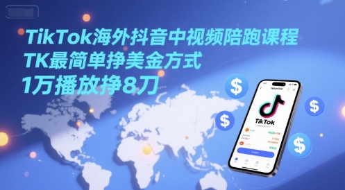 TikTok海外抖音中视频陪跑课程，TK最简单挣美金方式，1万播放挣8刀-极客网创