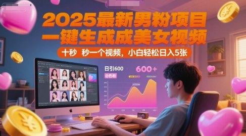 2025最新男粉项目，一键生成美女视频，日引600+色粉 十秒一个视频，小白轻松日入5张【揭秘】-极客网创