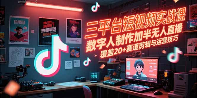 三平台短视频实战课，数字人制作加半无人直播，覆盖20+赛道剪辑与运营技巧-极客网创