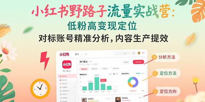 小红书野路子流量实战营：低粉高变现定位 对标账号精准分析 内容生产提效-极客网创