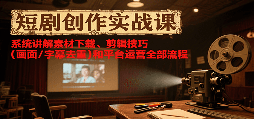短剧创作实战课，系统讲解素材下载、剪辑技巧(画面/字幕去重)和平台运营全部流程-极客网创