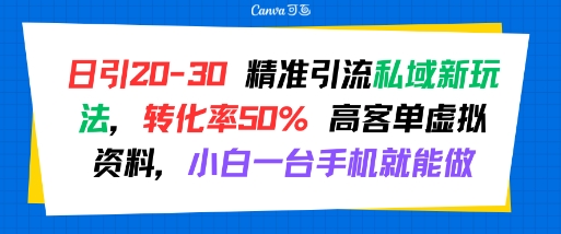 日引 20-30 精准引流私域新玩法，转化率50% 高客单虚拟资料，小白一台手机就能做-极客网创