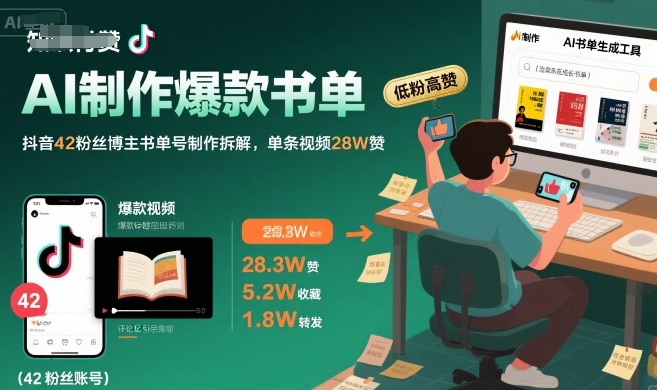 AI制作爆款书单，抖音42粉丝博主书单号制作拆解，单条视频28W赞-极客网创