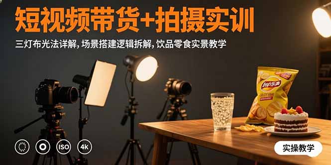 短视频带货+拍摄实训:三灯布光法详解,场景搭建逻辑拆解,饮品零食实景教学-极客网创
