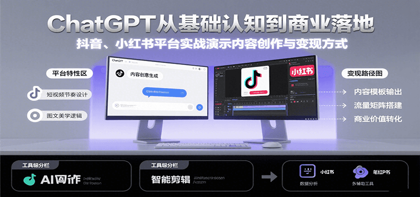 ChatGPT从基础认知到商业落地，实战演示抖音、小红书等平台的内容创作与变现-极客网创