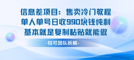 信息差项目：售卖冷门教程单人单号日收9张纯利基本就是复制粘贴就能做-极客网创