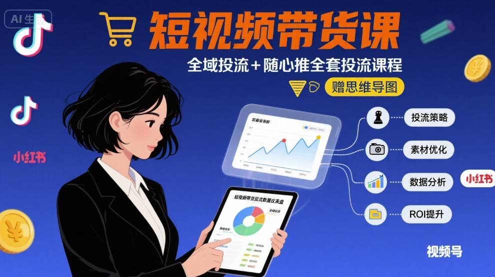 最新短视频带货课，全域投流+随心推全套投流课程+思维导图-极客网创