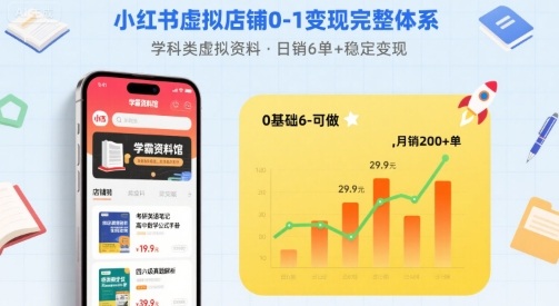 小红书虚拟店铺0-1变现完整体系：卖学科类虚拟资料，一天6张+，很稳定【已完结】-极客网创