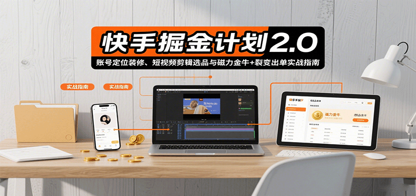 快手掘金计划2.0，账号定位装修、短视频剪辑选品与磁力金牛+裂变出单实战指南-极客网创