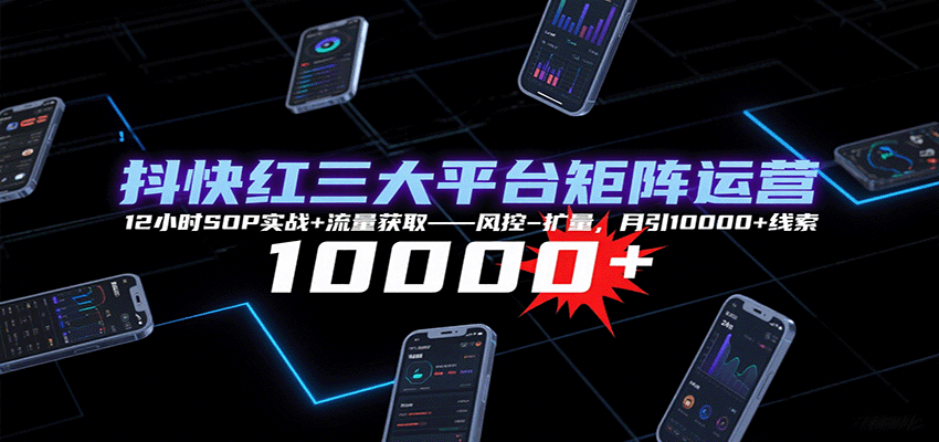 抖快红三大平台矩阵运营，12小时SOP实战+流量获取-风控-扩量，月引10000+线索-极客网创