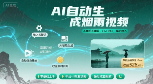 不用拍不用剪！AI自动生成烟雨视频，日入5张+，睡后收入-极客网创