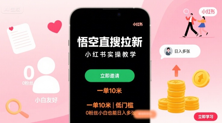 悟空直搜拉新小红书实操教学，一单10米，低门槛，0粉丝小白也能日入多张-极客网创