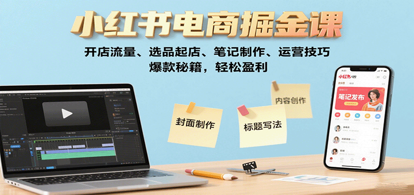 小红书电商掘金课：开店流量、选品起店、笔记制作、运营技巧，爆款秘籍，轻松盈利-极客网创