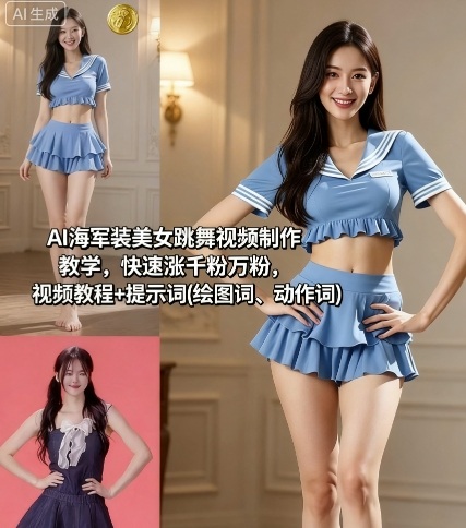 AI海军装美女跳舞视频制作教学，快速涨千粉万粉，视频教程+提示词(绘图词、动作词)-极客网创