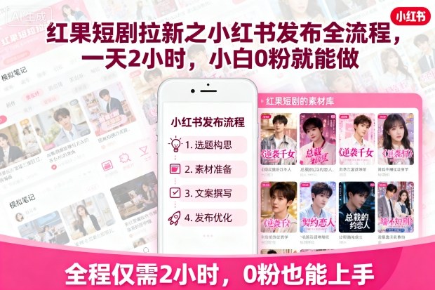 红果短剧拉新之小红书发布全流程，一天2小时，小白0粉就能做-极客网创