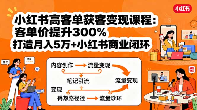 小红书高客单获客变现课程：客单价提升300%，打造月入10万+小红书商业闭环-极客网创