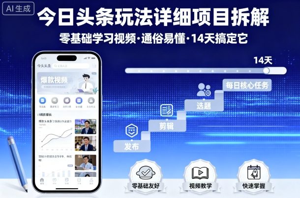 今日头条玩法详细项目拆解，零基础学习视频 通俗易懂 14天搞定它-极客网创