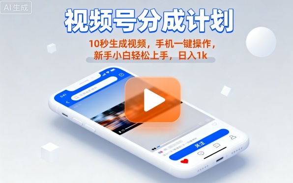 视频号分成计划懒人玩法，10秒生成视频，手机一键操作，新手小白轻松上手，日入1K【揭秘】-极客网创