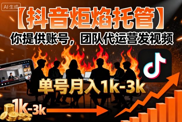 【抖音炬焰托管】你提供账号，团队代运营发视频，单号月入1k+【揭秘】-极客网创