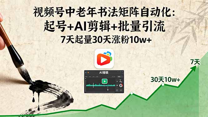 视频号中老年书法矩阵自动化：起号+AI剪辑+批量引流 7天起量30天涨粉10w+-极客网创
