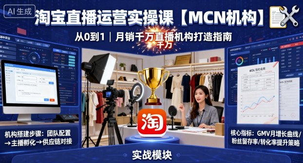 淘宝直播运营实操课【MCN机构】，从0到1做一家月销千W的直播机构-极客网创