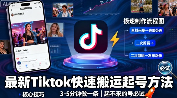 最新Tiktok快速搬运快速起号方法，3-5分钟做一条，起不来的号可以试试-极客网创