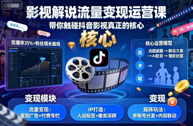 影视解说流量变现运营课，带你触碰抖音影视真正的核心-极客网创