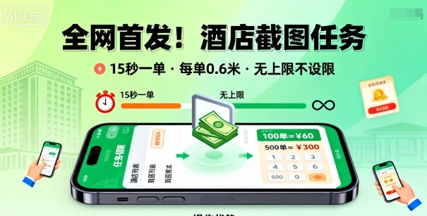 全网首发！酒店截图任务，15秒一单，每单0.6米，任务无上限不设限，矩阵操作单日3张到手【揭秘】-极客网创