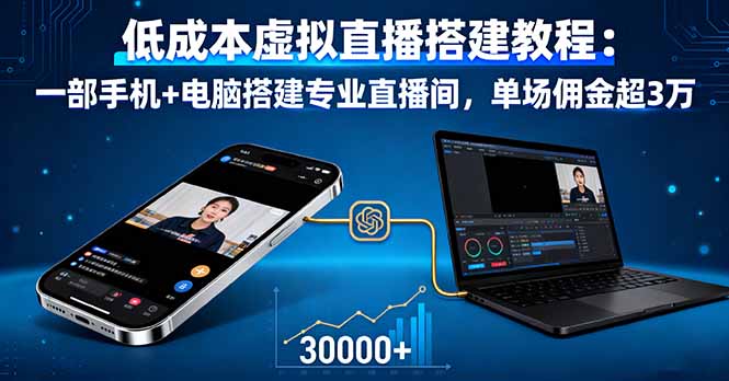 低成本虚拟直播搭建教程：一部手机+电脑搭建专业直播间，单场佣金超3万-极客网创