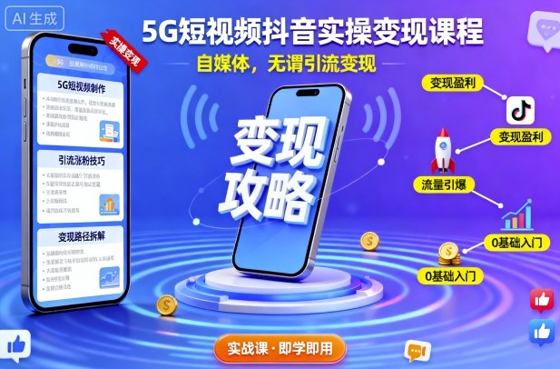 5G短视频抖音实操变现课程，自媒体，无谓引流变现-极客网创