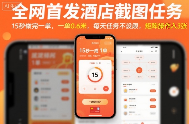全网首发酒店截图任务，15秒做完一单，一单0.6米，每天任务不设限，矩阵操作日入3张【揭秘】-极客网创