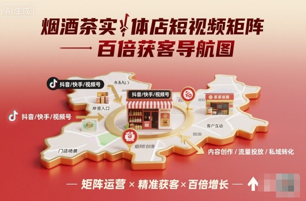 烟酒茶实体店短视频矩阵百倍获客导航图-极客网创