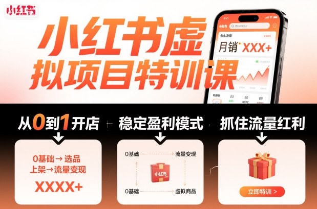 小红书虚拟项目特训课，帮你从0到1打造稳定盈利的店铺，抓住流量红利(更新9月)-极客网创