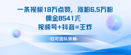 一条视频18W点赞，涨粉6.5W粉佣金8541米，视频号+抖音=王炸-极客网创