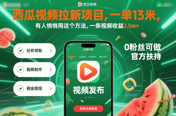 西瓜视频拉新项目，一单13米，有人悄悄用这个方法，一条视频收益2.5w+(附详细教程)-极客网创