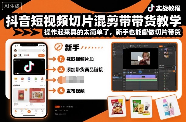 抖音短视频切片混剪带货教学，操作起来真的太简单了，新手也能做切片带货-极客网创