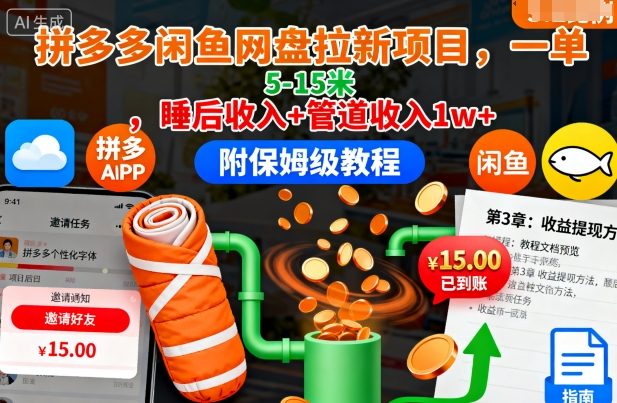 拼多多闲鱼网盘拉新项目，一单5-15米，睡后收入+管道收入1w+(附保姆级教程)-极客网创