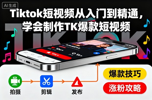 Tiktok短视频从入门到精通，学会制作TK爆款短视频-极客网创