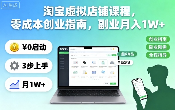 淘宝虚拟店铺课程，零成本创业指南，副业月入1W+-极客网创