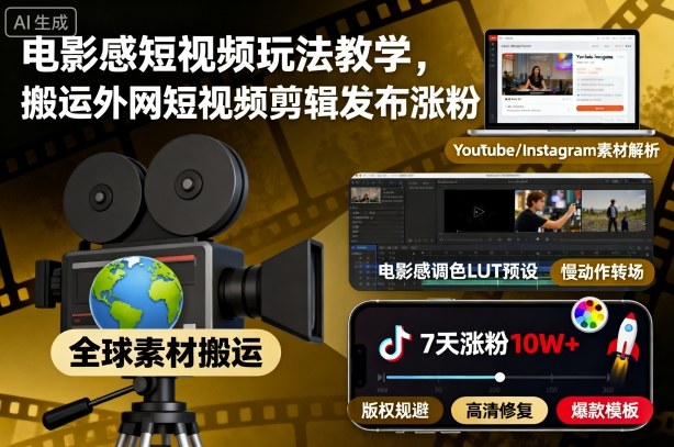 电影感短视频玩法教学，搬运外网短视频剪辑发布涨粉-极客网创