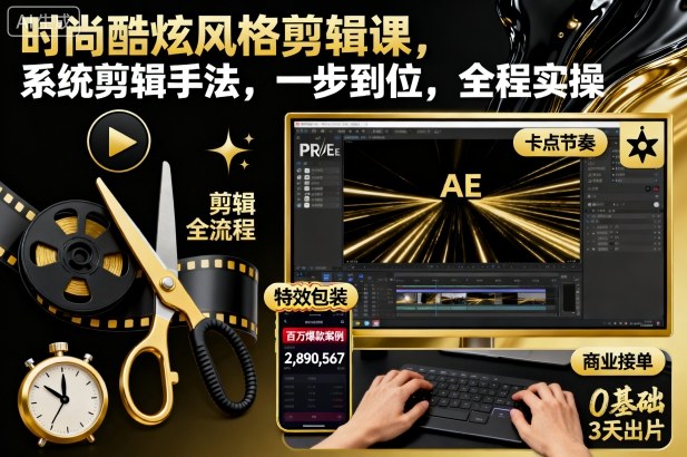 时尚酷炫风格剪辑课,系统剪辑手法,一步到位,全程实操-极客网创