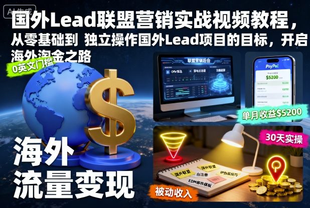 国外Lead联盟营销实战视频教程，从零基础到独立操作国外Lead项目的目标，开启海外淘金之路-极客网创