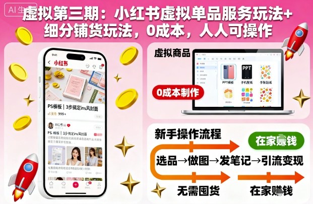 虚拟第三期：小红书虚拟单品服务玩法+细分铺货玩法，0成本，人人可操作-极客网创