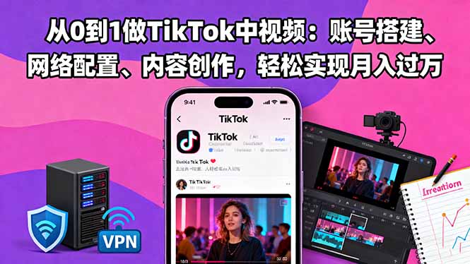 从0到1做TikTok中视频：账号搭建、网络配置、内容创作，轻松实现月入过万-极客网创