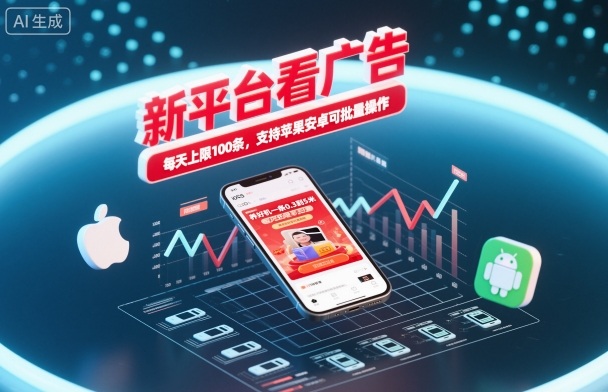 新平台看广告，养好机一条0.3到5米，每天上限100条，支持苹果安卓可批量操作-极客网创